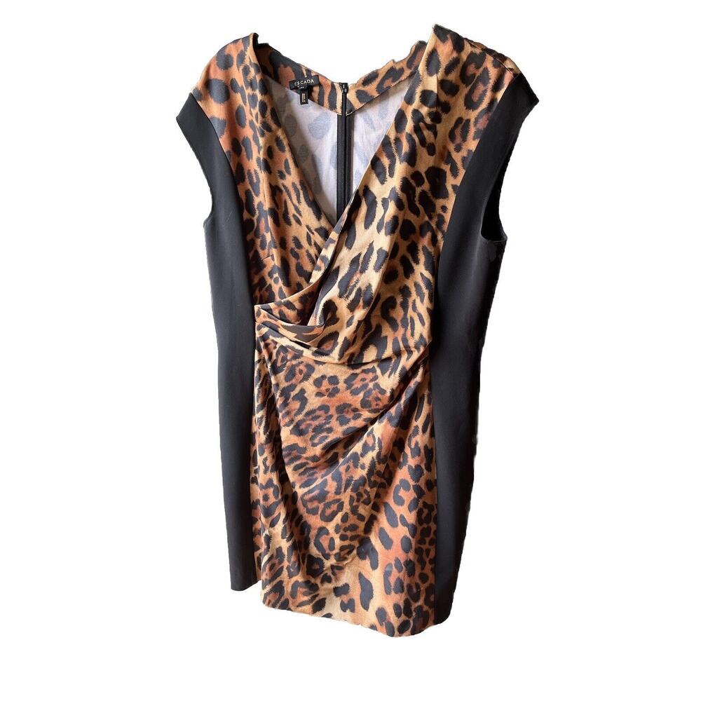 Escada Sheath Panel Dress Leopard Print SZ 46 US L V Neck Rouche Zip 2 Flaws